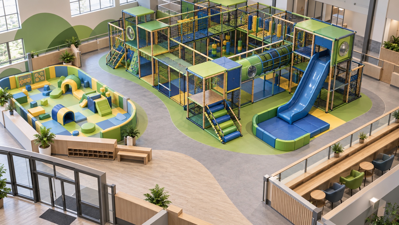 Indoor adventure playground layout with separate activity zones, slide and clear walkways