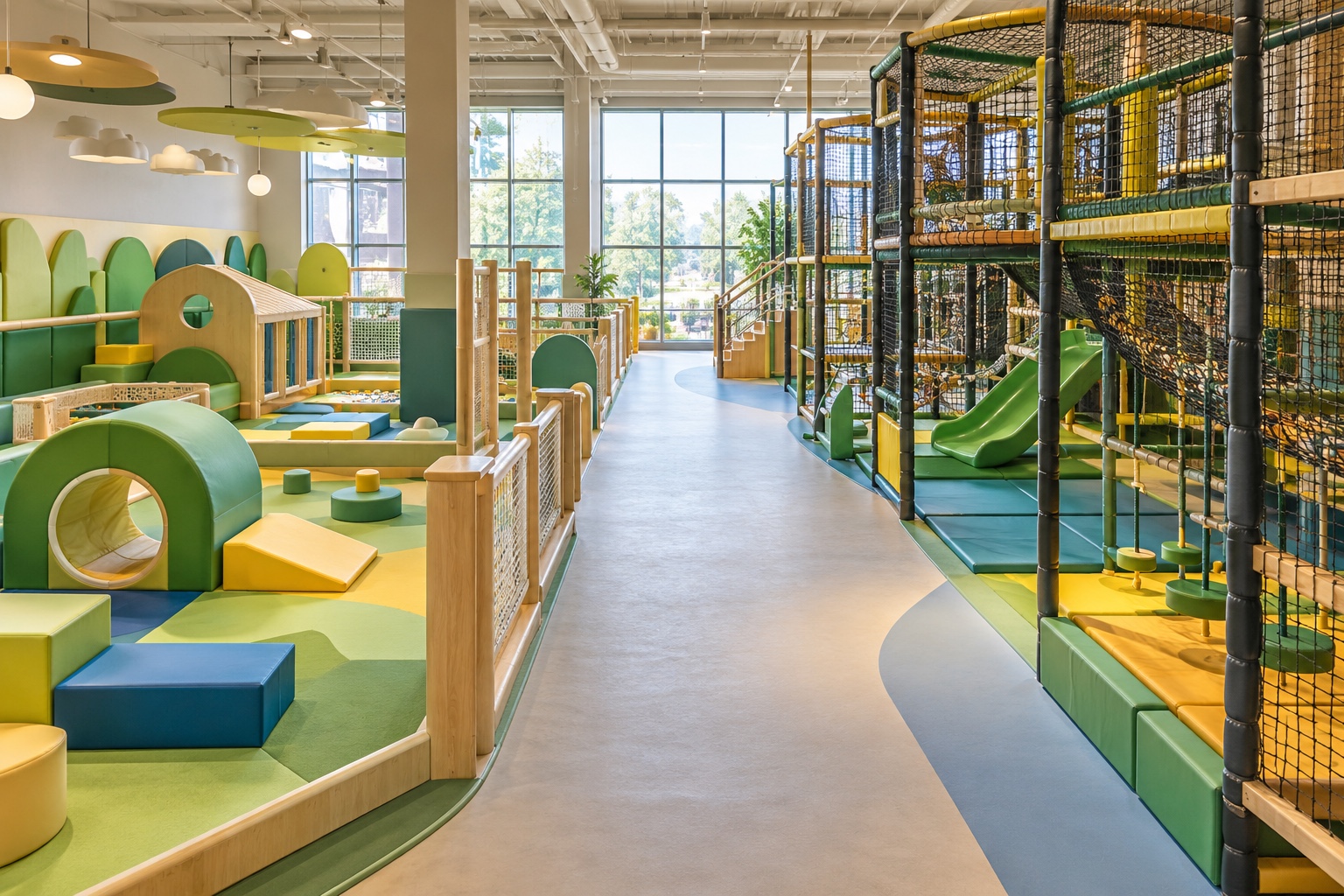 Illustrative layout showing a low soft-play zone separated from a netted climbing area by a clear aisle