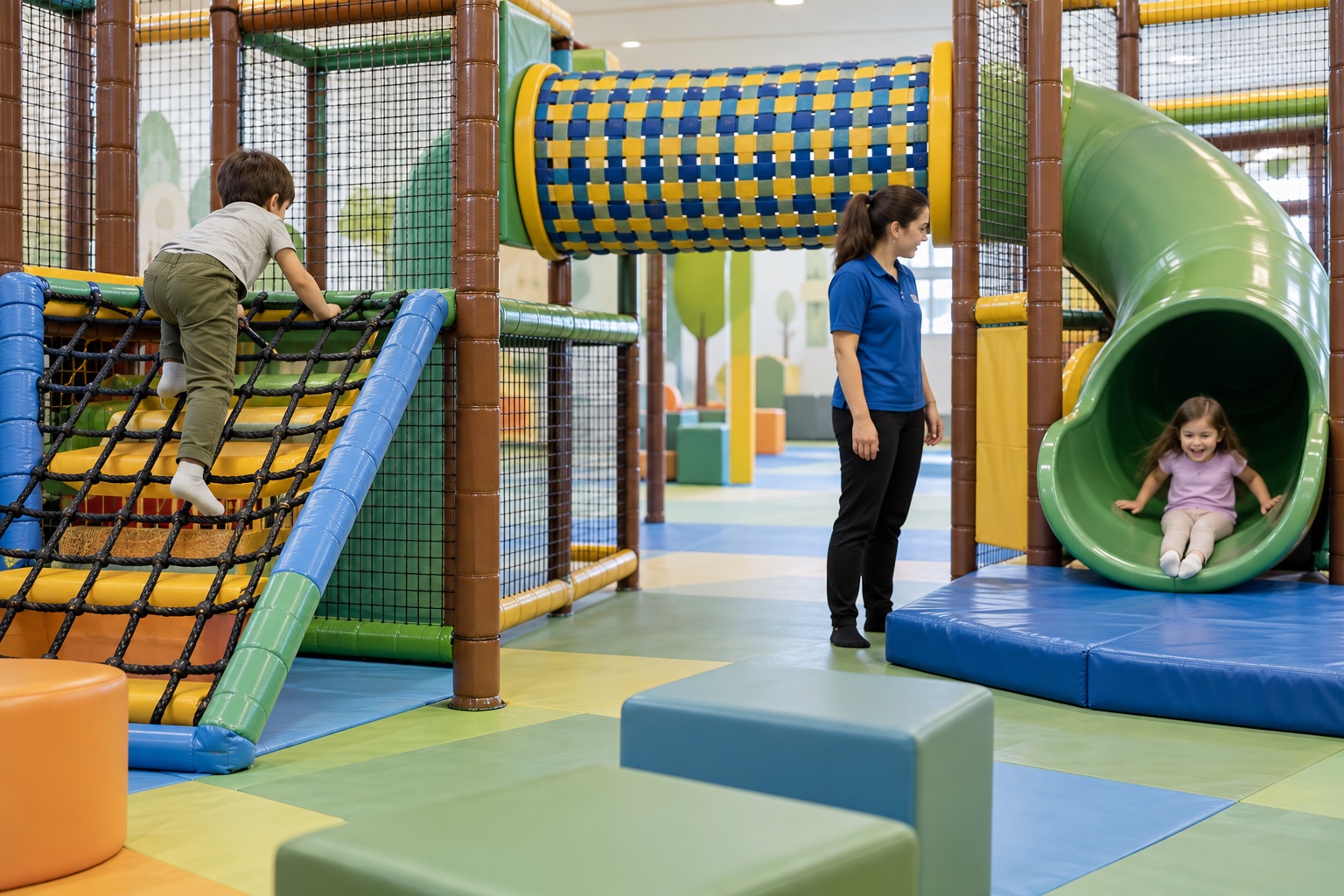A staff member observing connected climbing, tunnel, and slide zones in an indoor play center