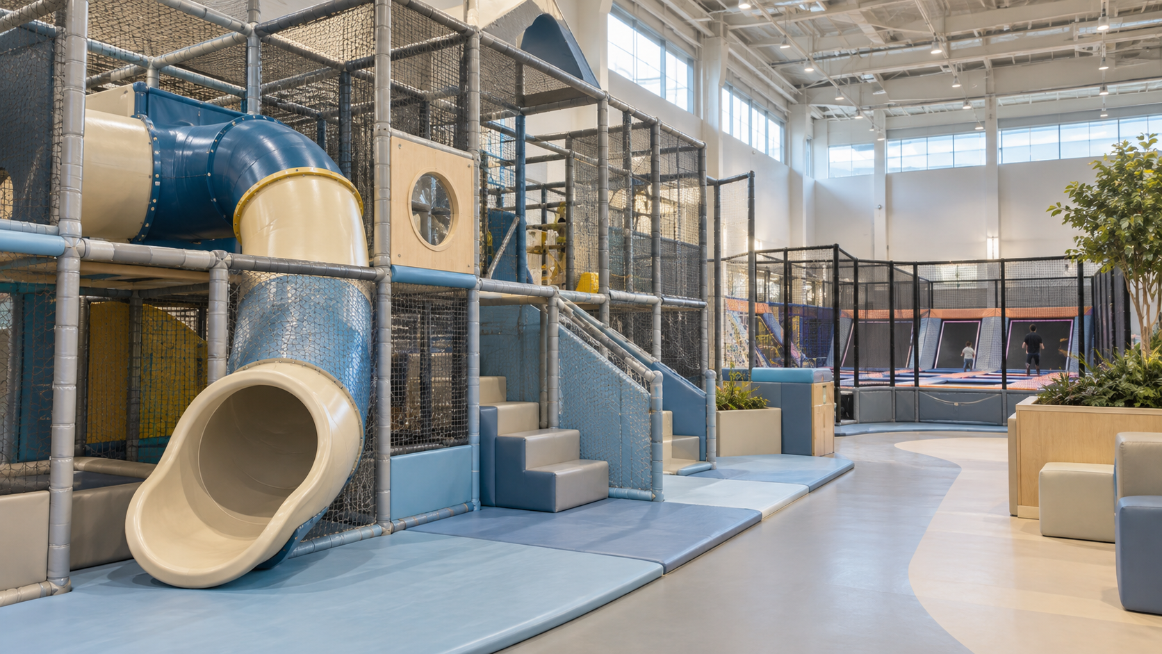 Realistic indoor amusement park with a padded climbing and slide structure beside a separate trampoline area.