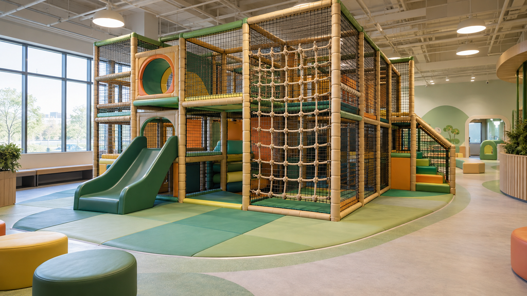 Indoor jungle gym with padded climbing frames, rope net, slide, and soft flooring