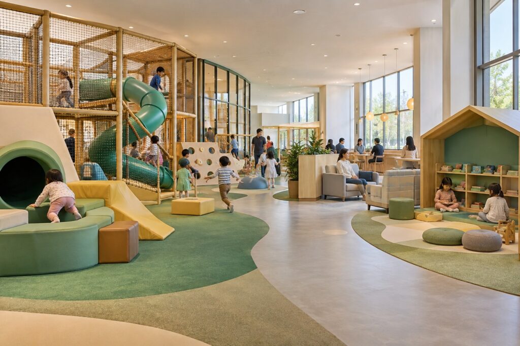 Children enjoying separate activity zones in an indoor playground with clear walkways and caregiver sightlines.