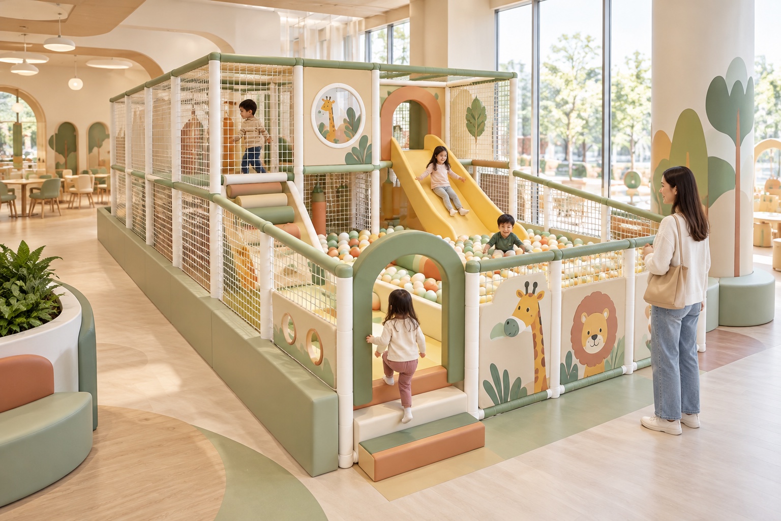 Concept of a Mimuplay-style indoor playground with a padded play structure, slide, ball area, and clear circulation.