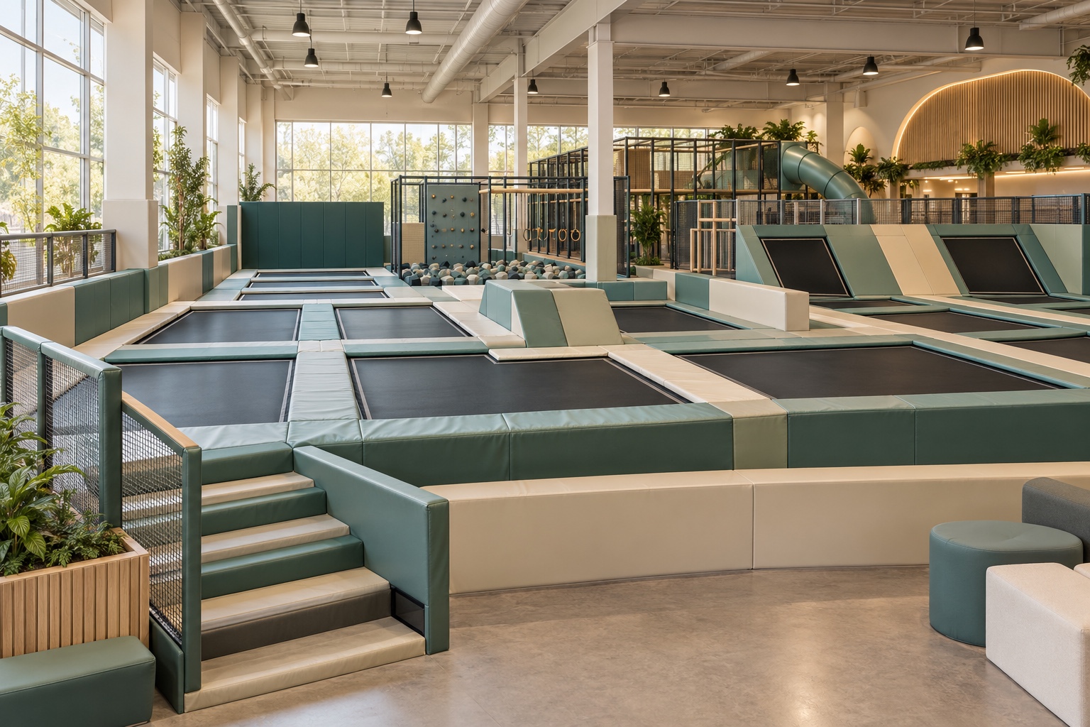 Concept view of an indoor trampoline court with padded edges and clearly arranged jumping zones