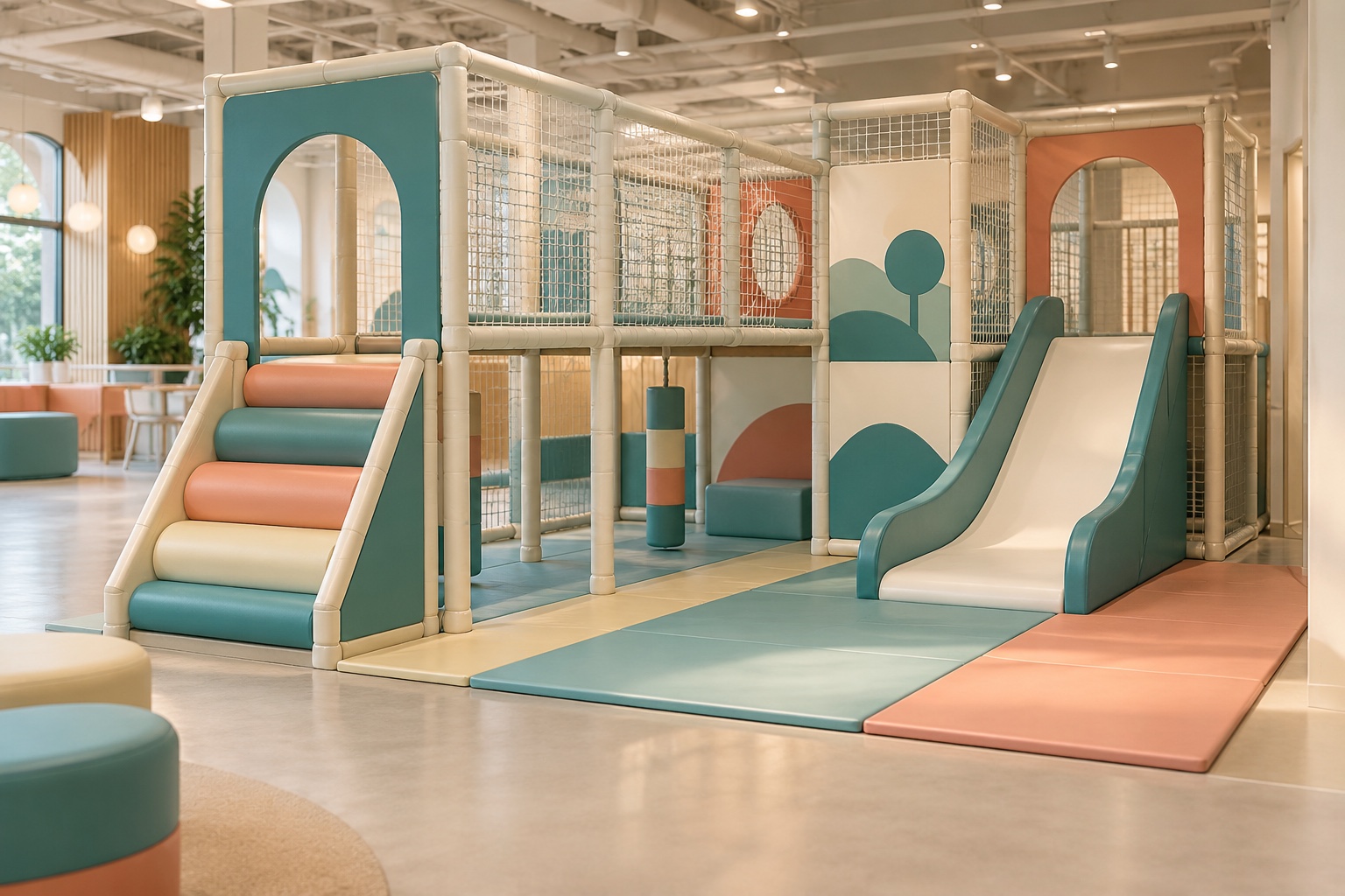 Concept of a compact padded indoor playground with a climbing route, netted passage, and slide
