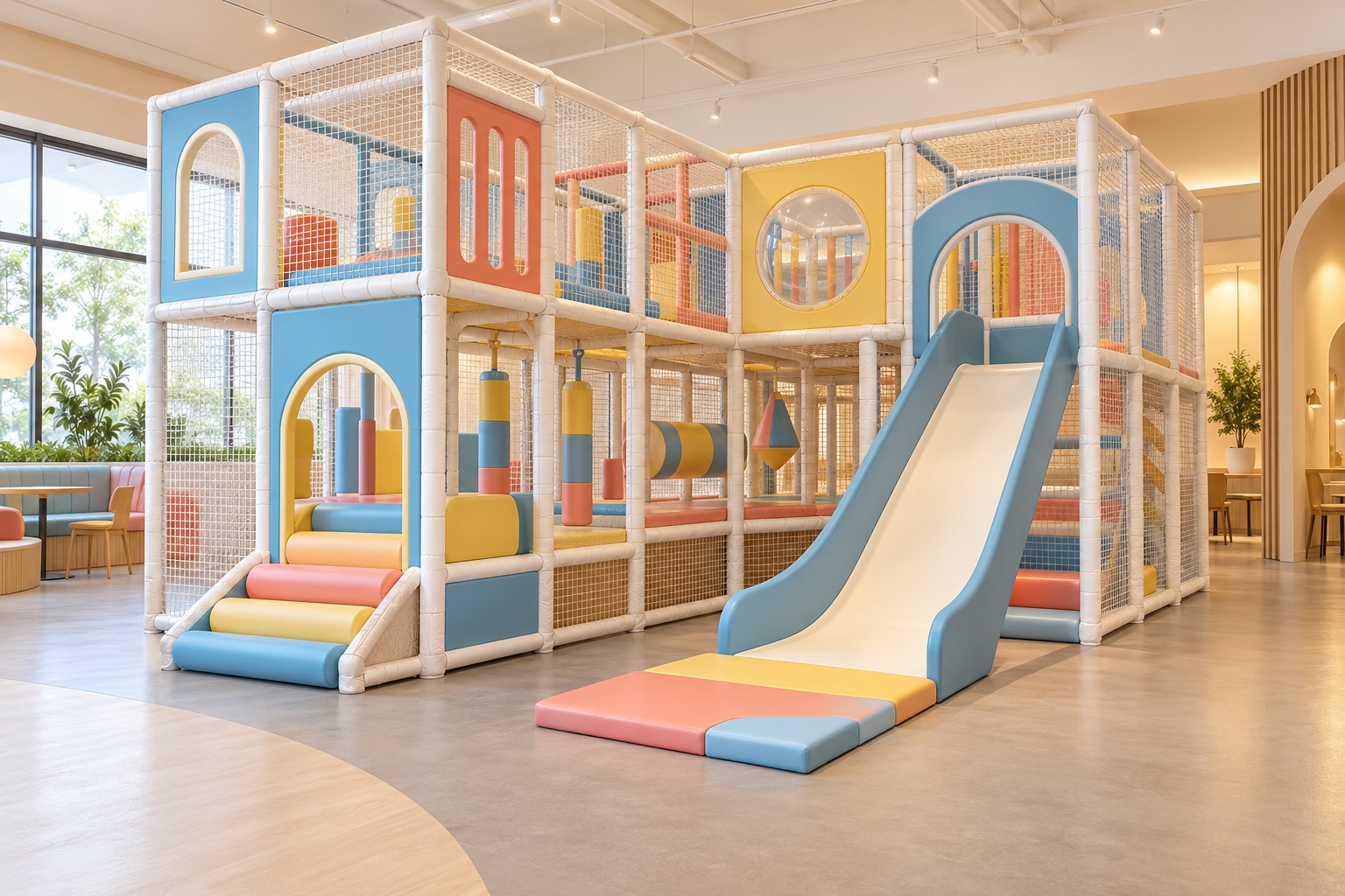 Concept image of a compact Mimuplay-style indoor soft play structure with a slide