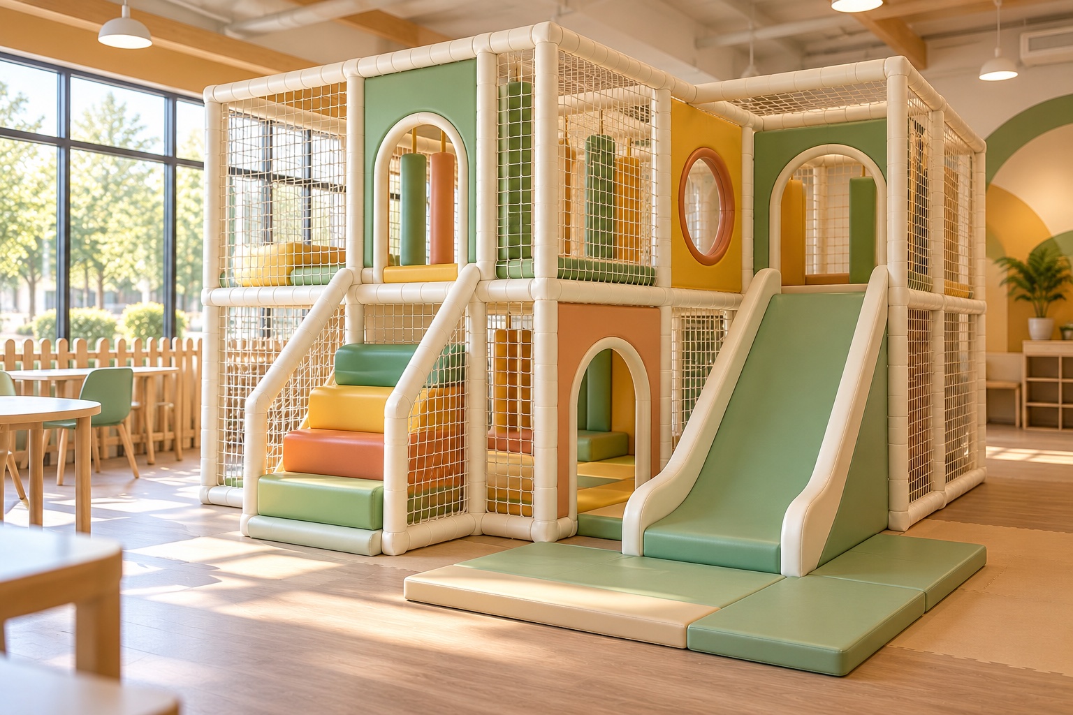 Compact padded indoor jungle gym with climbing entry, netted bays and slide