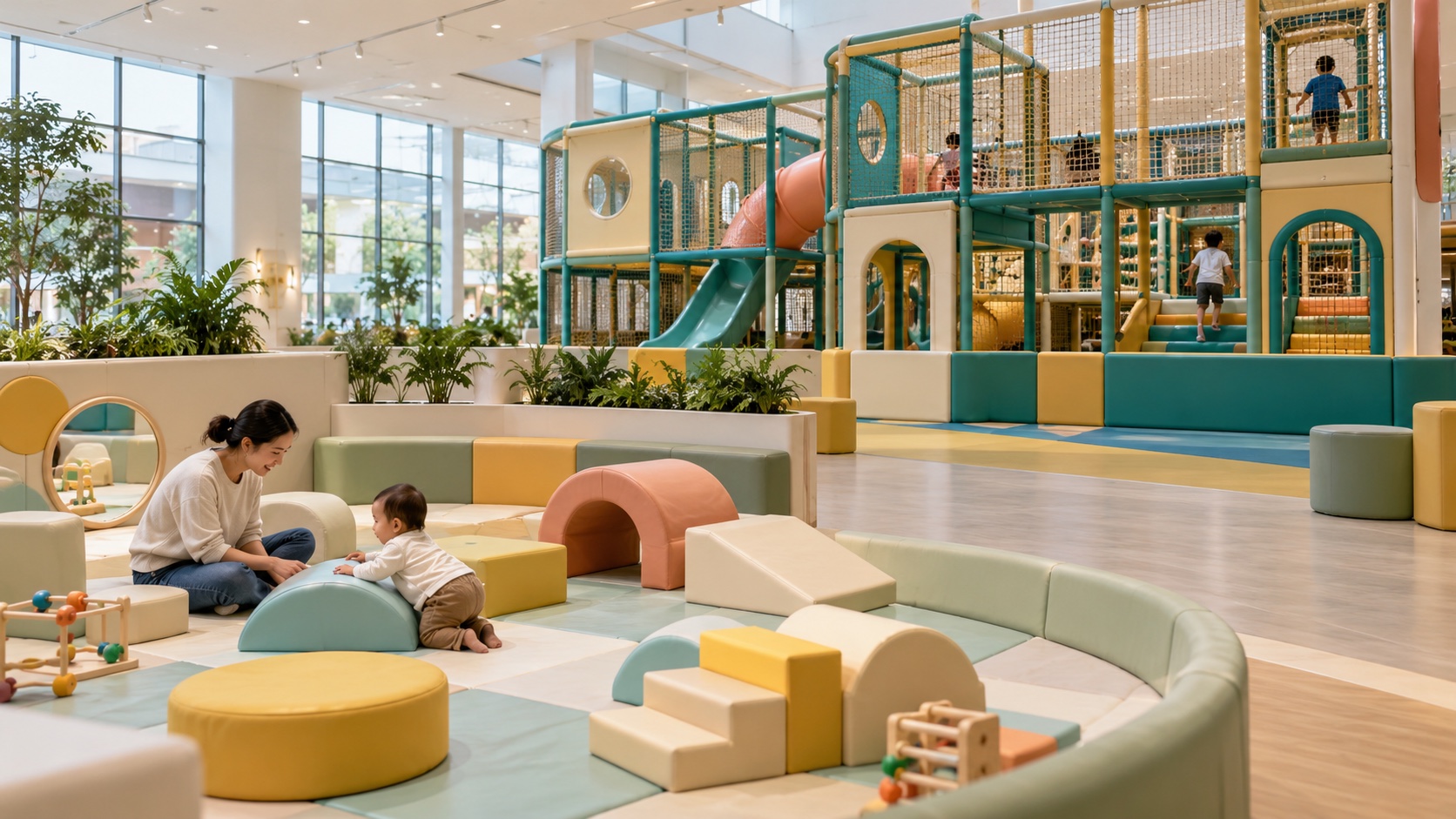 Conceptual indoor venue with a separate infant corner and an older children’s play structure