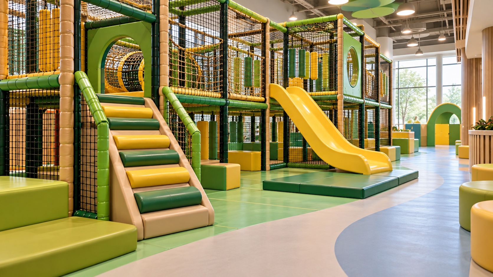 Padded climbing entry and slide exit with separate circulation path in an indoor adventure playground