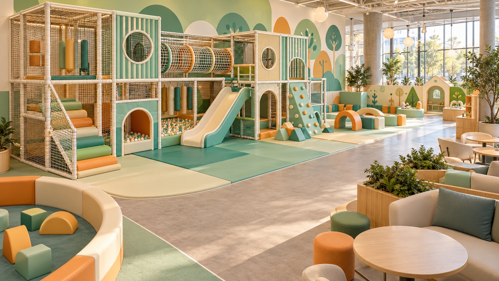 Concept layout of an indoor adventure play area with a clear slide landing, walking aisle, and quieter activity corner
