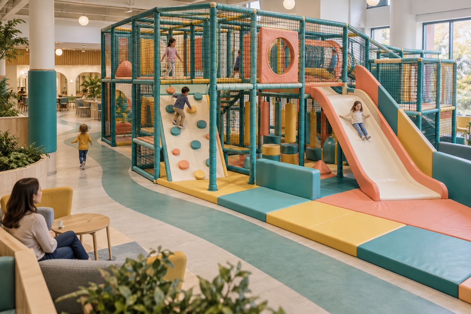 Concept layout showing a climbing route, padded platform, slide exit and open circulation space