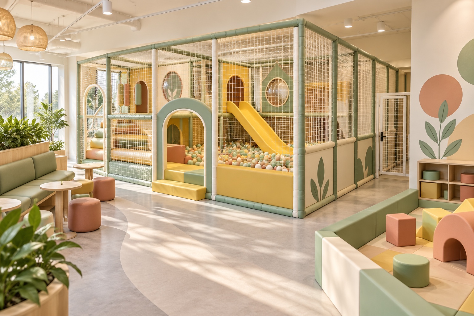 Concept showing a modular indoor play structure, adult seating, a clear walkway, and a separate quiet soft-play area.