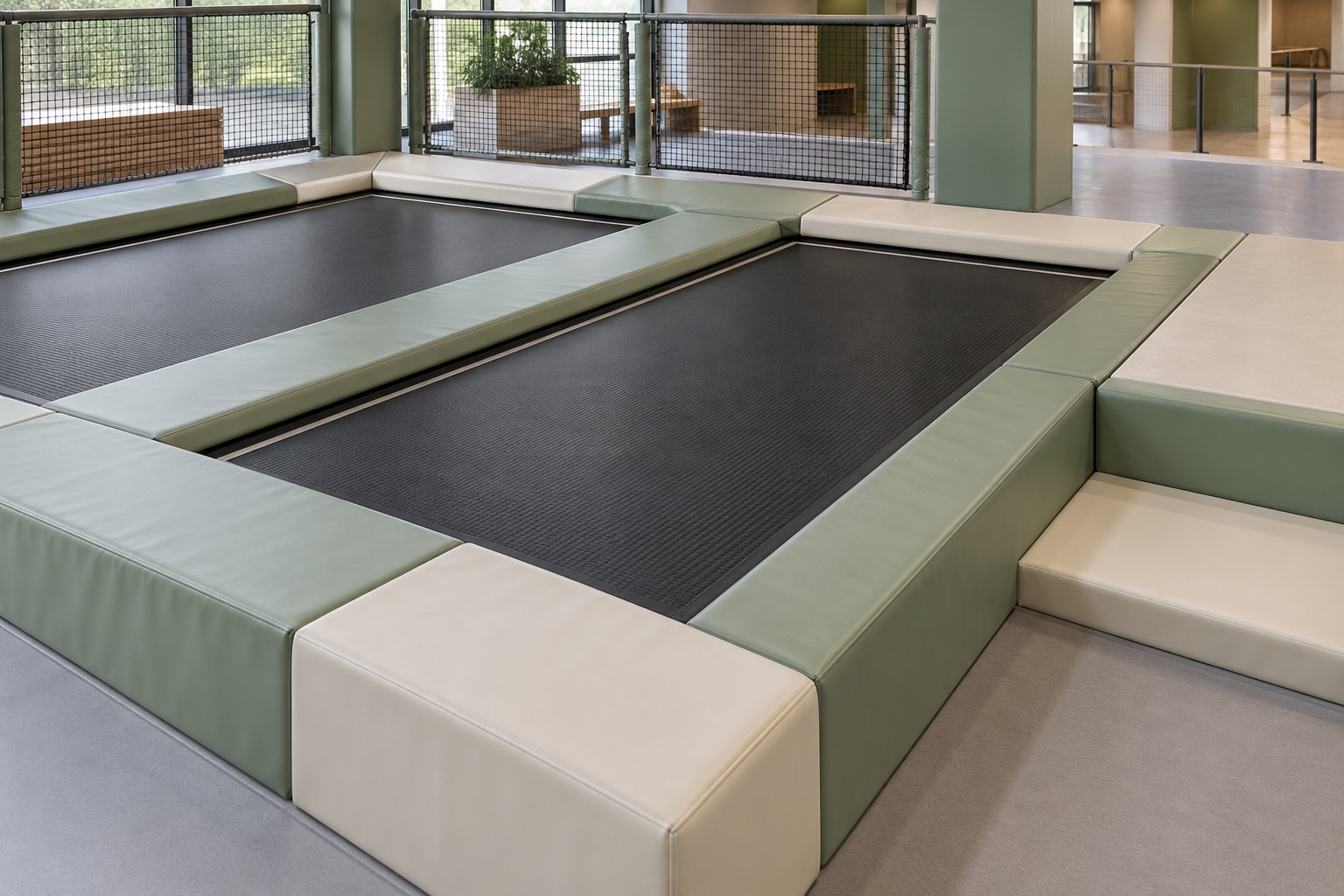 Detail concept of two trampoline beds with fitted protective padding and a clear entry route