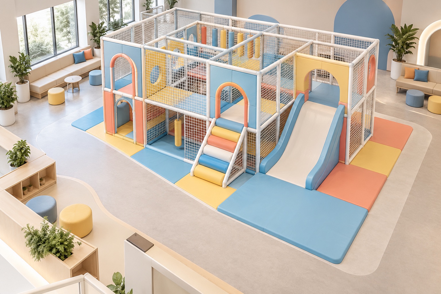 Isometric concept of an indoor playground layout with open circulation and caregiver seating