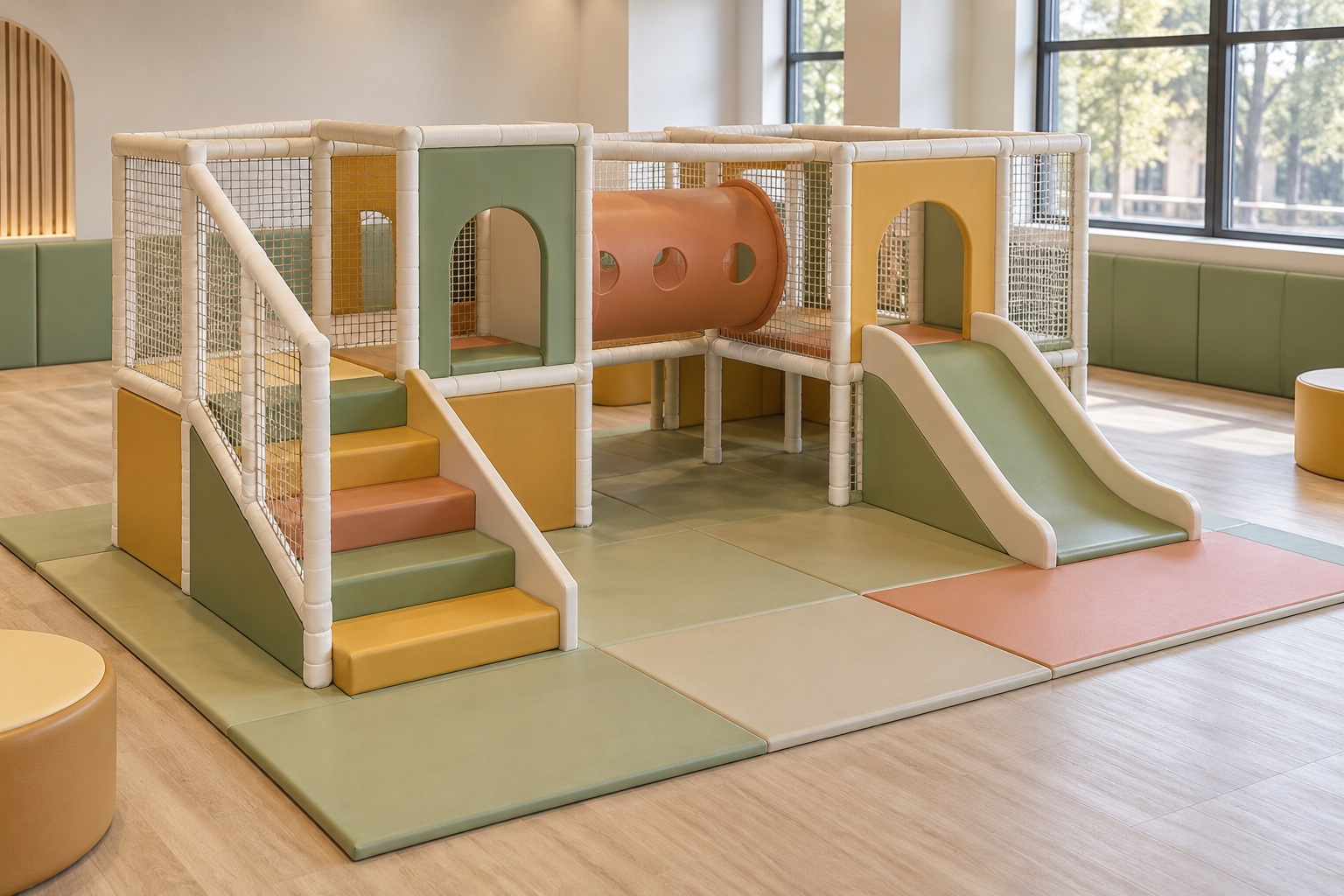 Concept rendering of a compact indoor jungle gym route with padded steps, enclosed platforms, a tunnel, and a slide.
