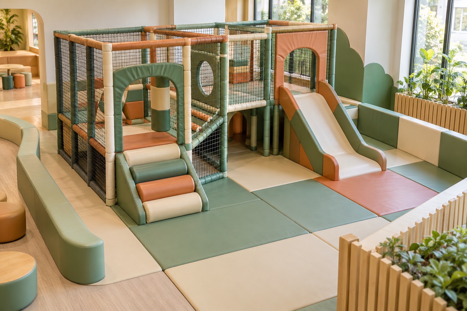 Indoor play structure with a padded climbing route and clear slide landing