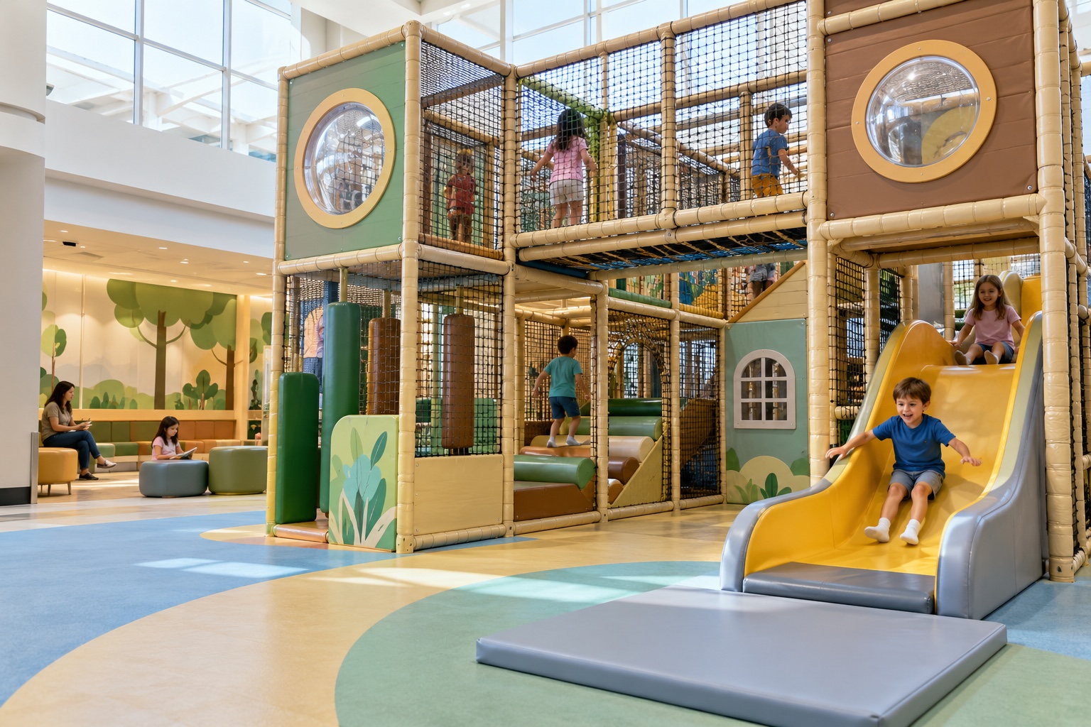 Padded commercial indoor play structure with mesh passages, slide, and a clear landing area