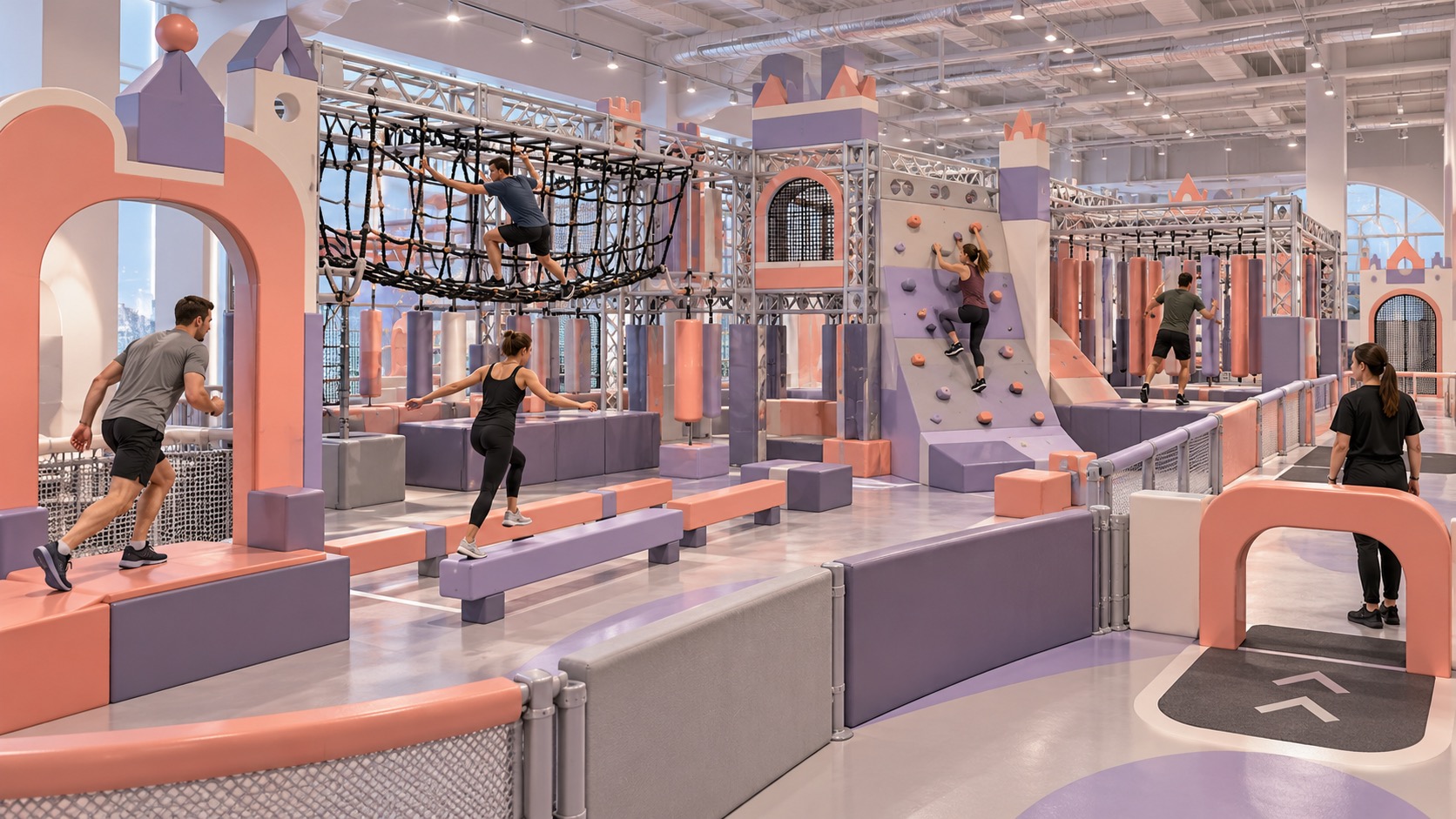Concept illustration of a modular adult indoor obstacle course inspired by Mimuplay play structure styling