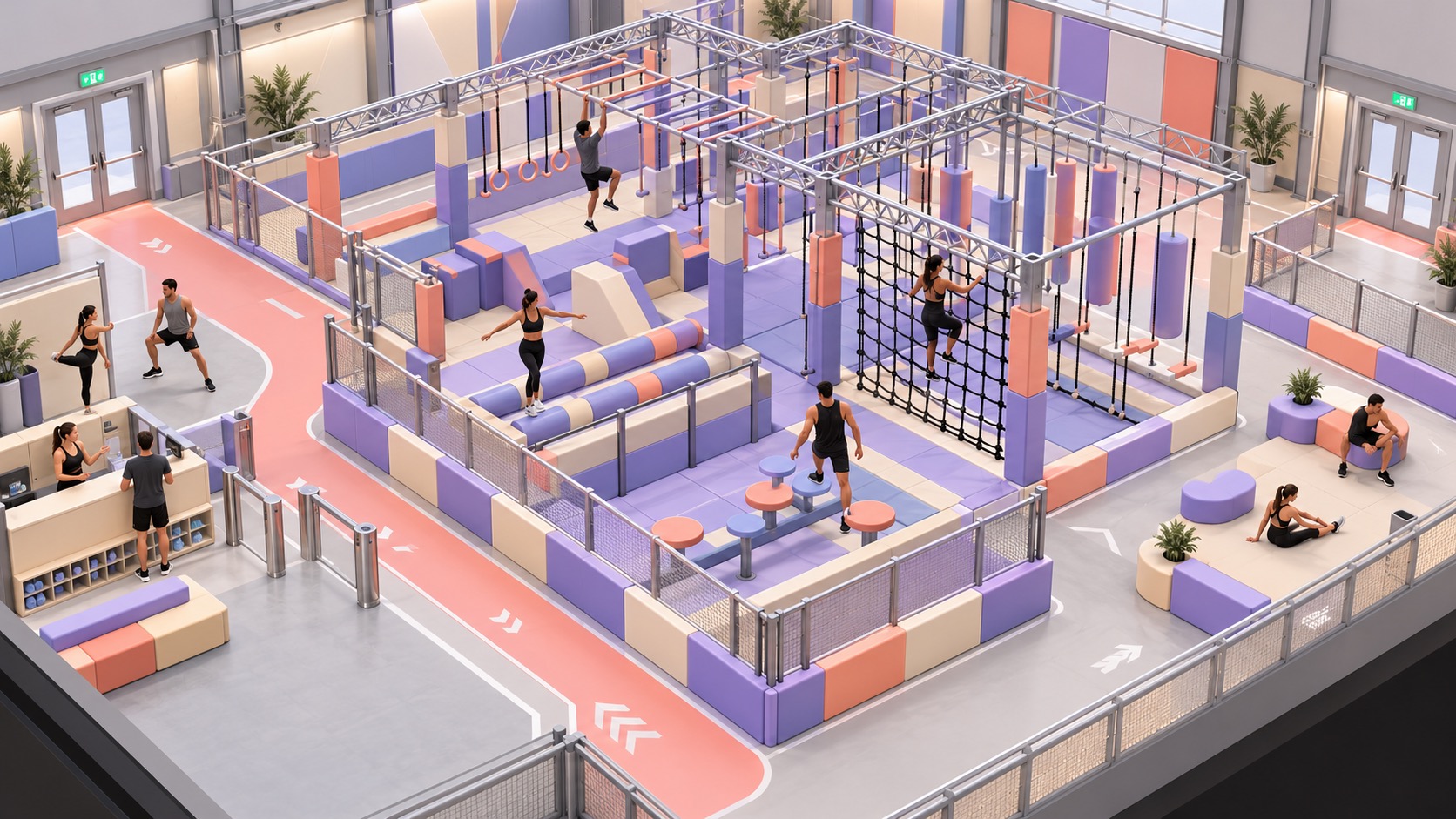 Isometric concept diagram showing entry, varied adult obstacles, circulation, and exit areas